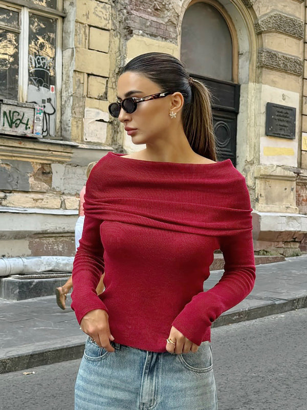 Plain Off Shoulder Long Sleeve Knit Top