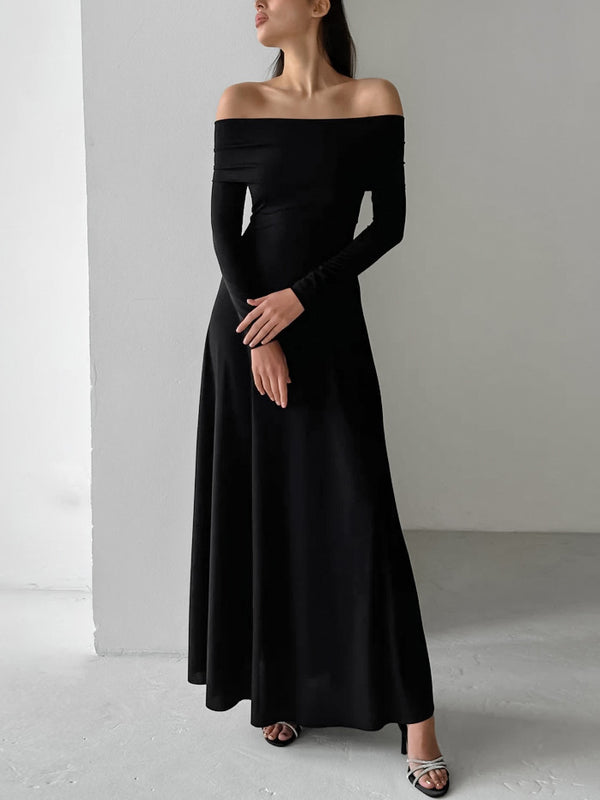 Long Sleeve Off Shoulder Plain Long Dress