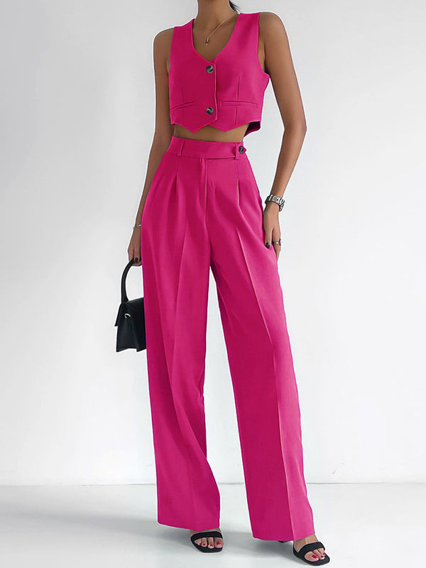 Cotton Cropped V Neck Waistcoat Pants Set