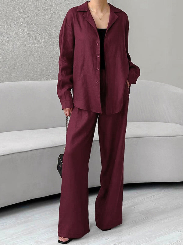 Plain Lappel Long Sleeve Pants Set