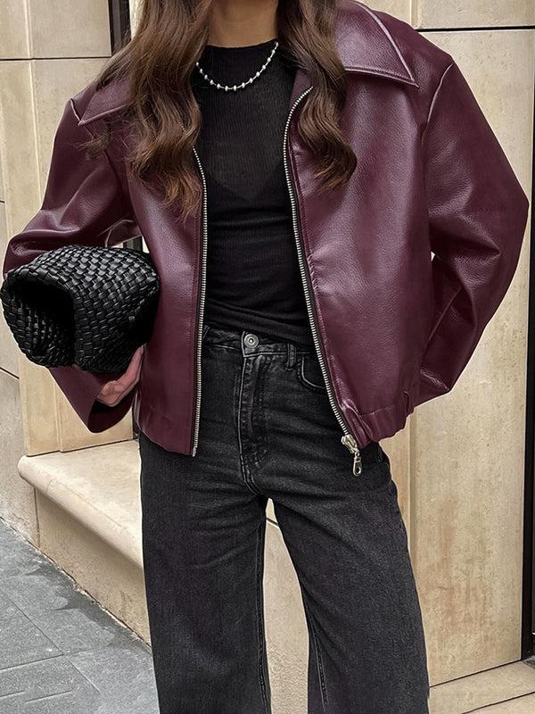 Lapel Zipper Faux Leather Jacket