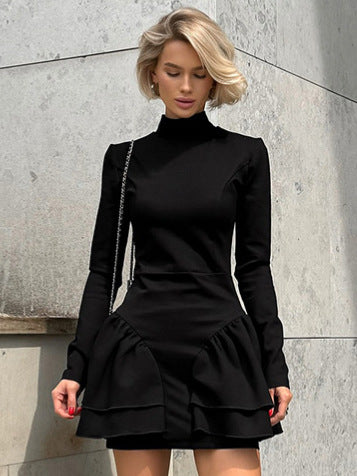 Hem Side Layered Long Sleeve Plain Short Dress