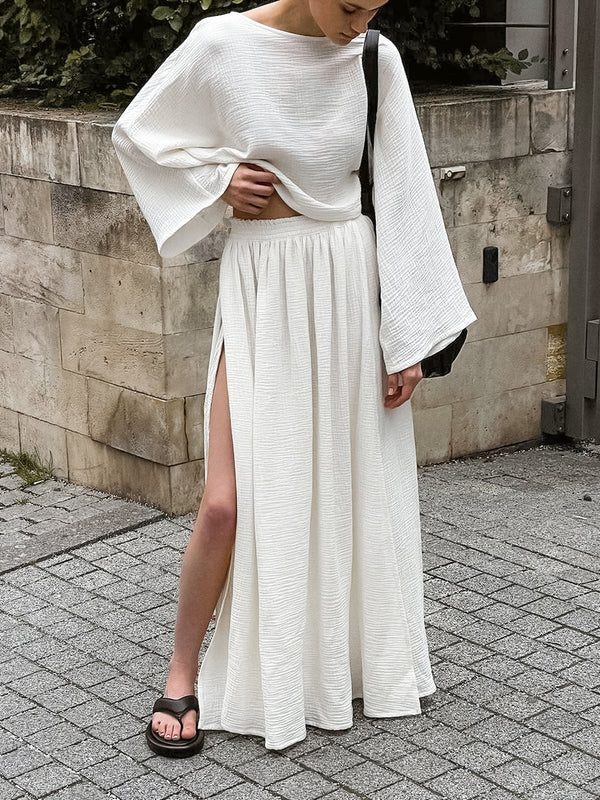 Minimalism Long Sleeve Cropped Split Skirt Set