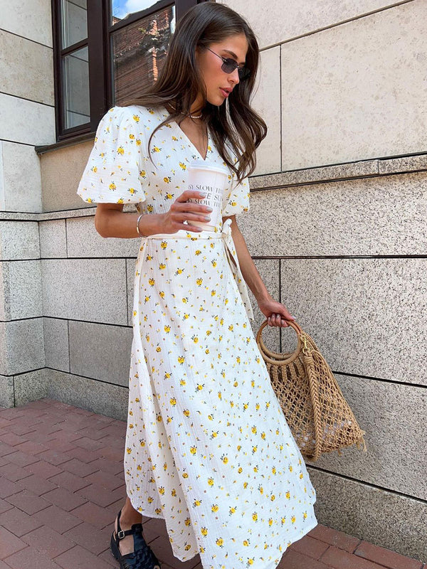 Pure Cotton Floral Print Waist Tie Long Dress