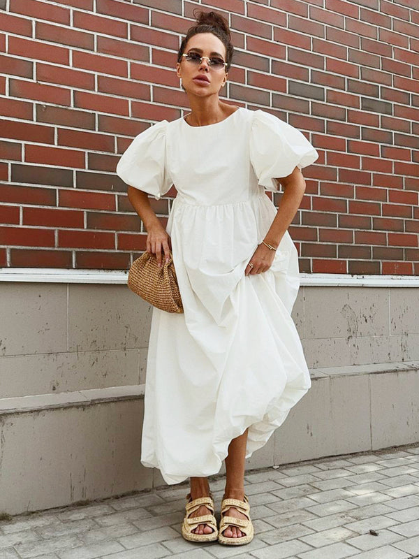 Pure Cotton Cozy Puff Sleeve&Hem Long Dress