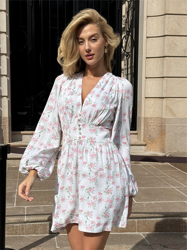 Floral V Neckline Lantern Sleeve Short Dress
