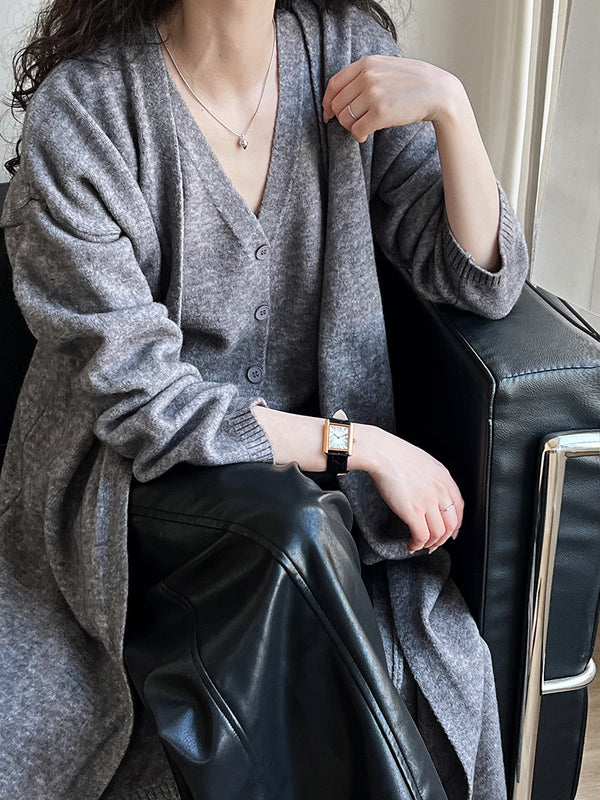 Cozy Two Pieces Plain Long Cardigan with Vest