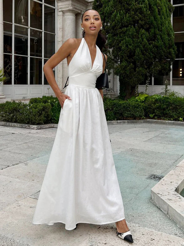 Plain V Neck Halter Sleeveless Long Dress