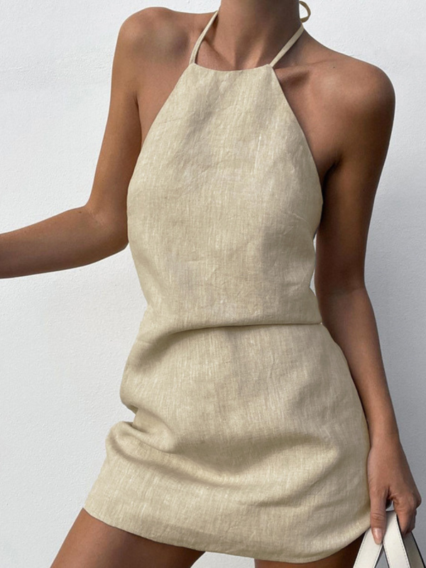 Cotton and Linen Halter Backless Short Dress