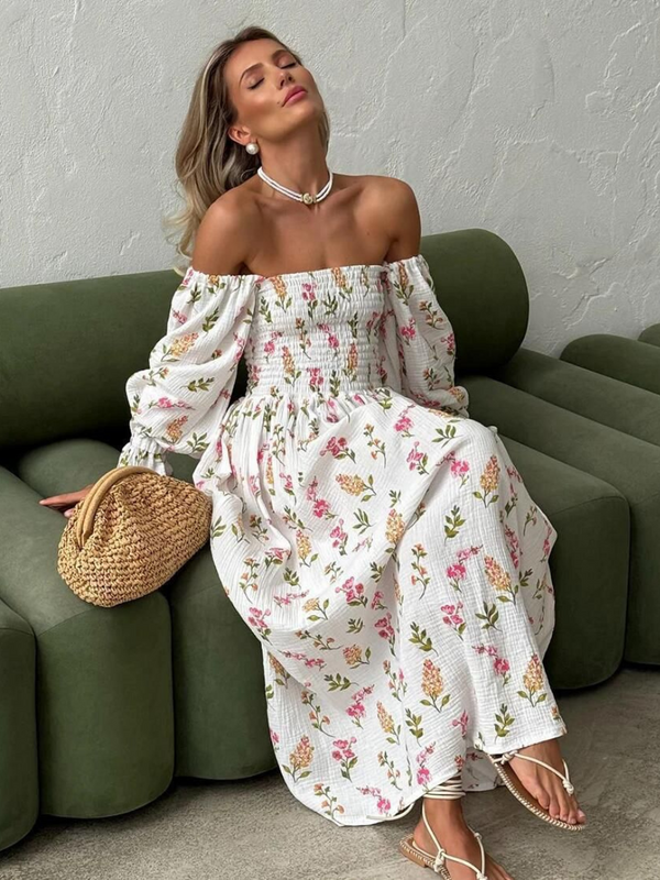 Floral Off Shoulder Long Sleeve Side Split Long Dress