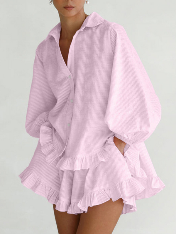 Striped Puff Long Sleeves Loose Shorts Set