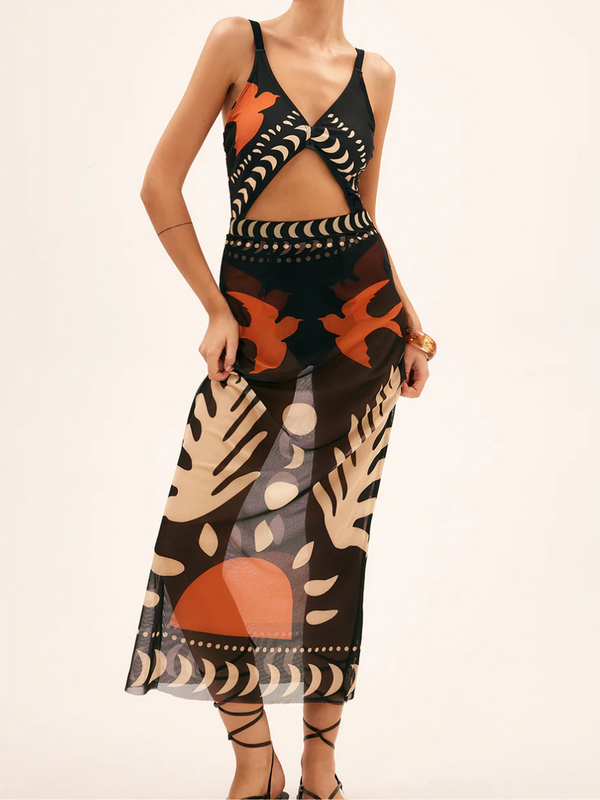 Bird Print Mesh Cover Up Maxi Skirt