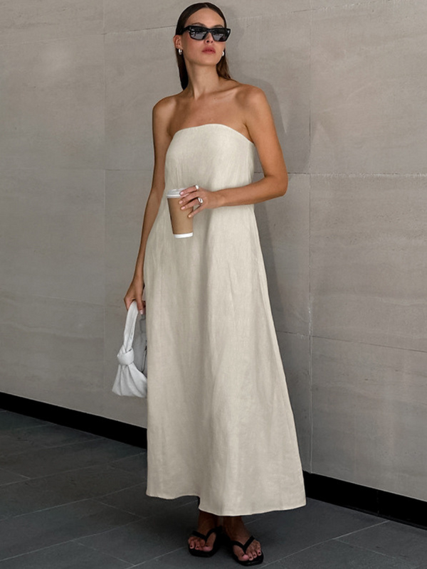 Plain Cotton and Linen Tube Long Dress