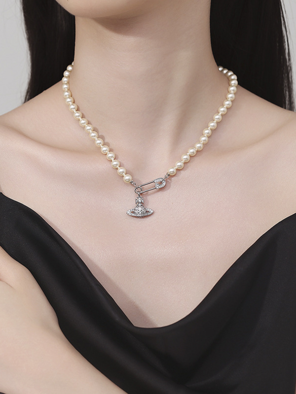 Pearl Pin Saturn Pendant Necklace