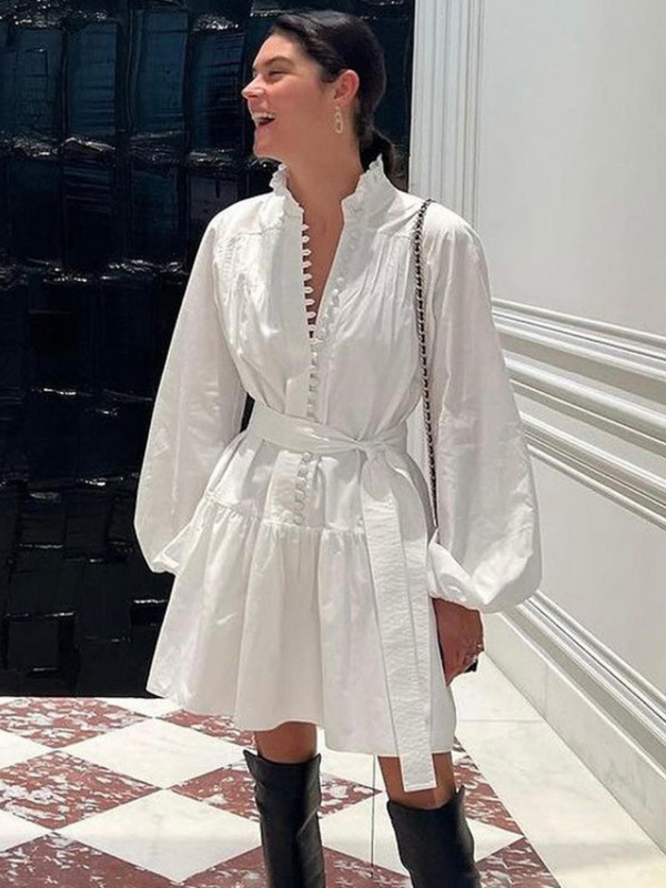 Pure Cotton Long Sleeve Elegant Short Dress