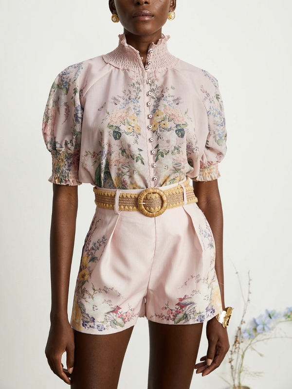 Janelle Floral Print Linen Shorts Matching Set Without Belt