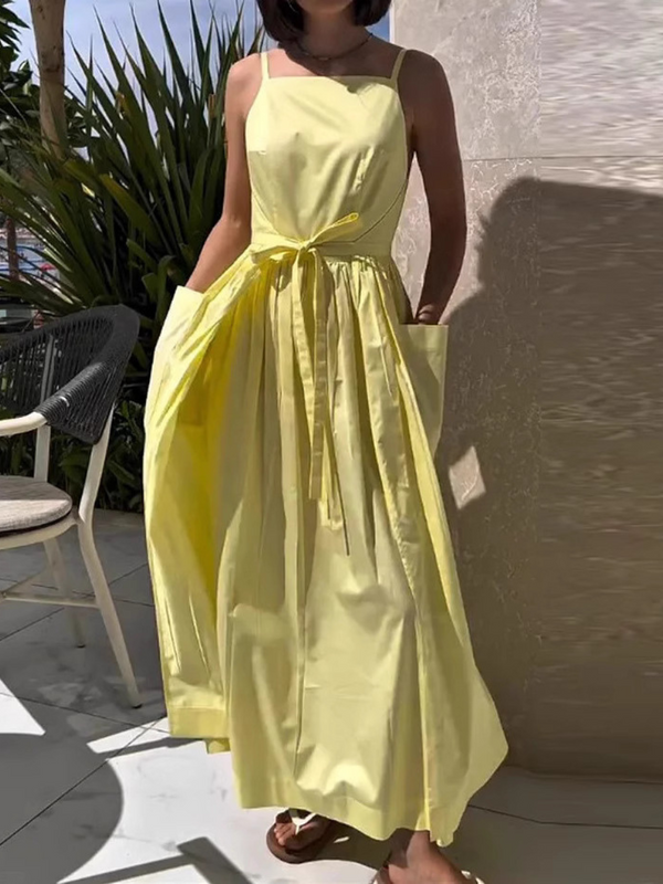 Cami Square Neck Elegant Waist Lace  Long Dress