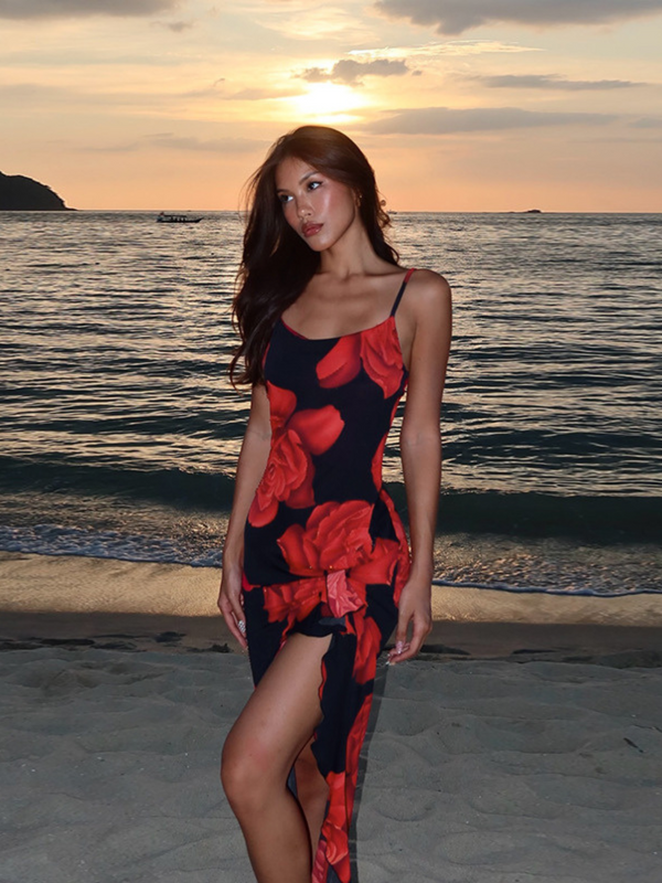 Floral Cami Asymmetric Hem Side Split Long Dress