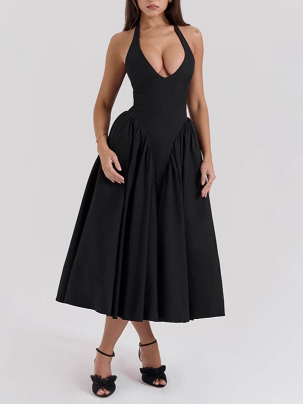 Deep V Halter Backless Sleveeless Midi Dress