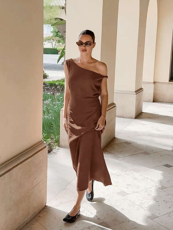 Pure Cotton One Shoulder Off Plain Long Dress