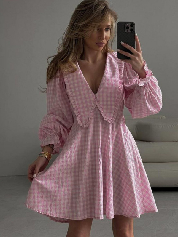 Cotton Mixed Gingham Pattern Short Dress
