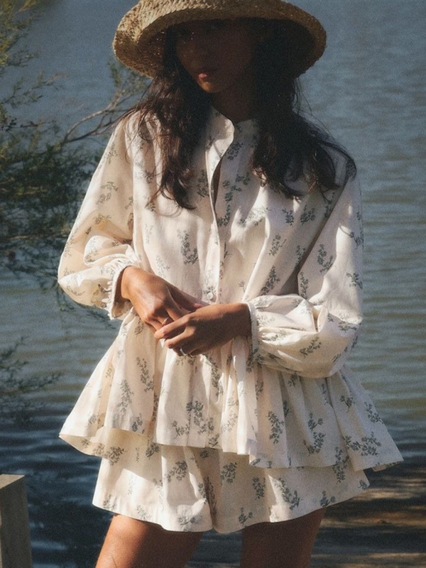 Puff Long Sleeve Floral Ruffle Hem Shorts Set
