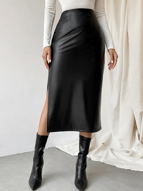 Faux Leather Slit Midi Skirt