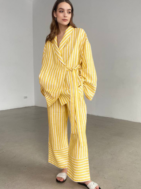 Striped Long Sleeved High Waisted Pants Set