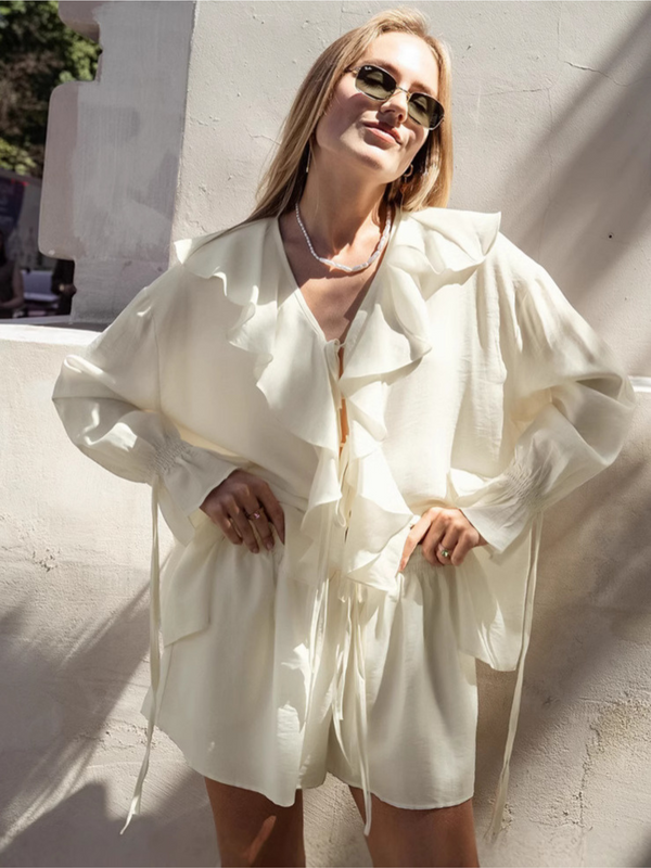 Elegant V Neck Ruffle Long Sleeve Shorts Set