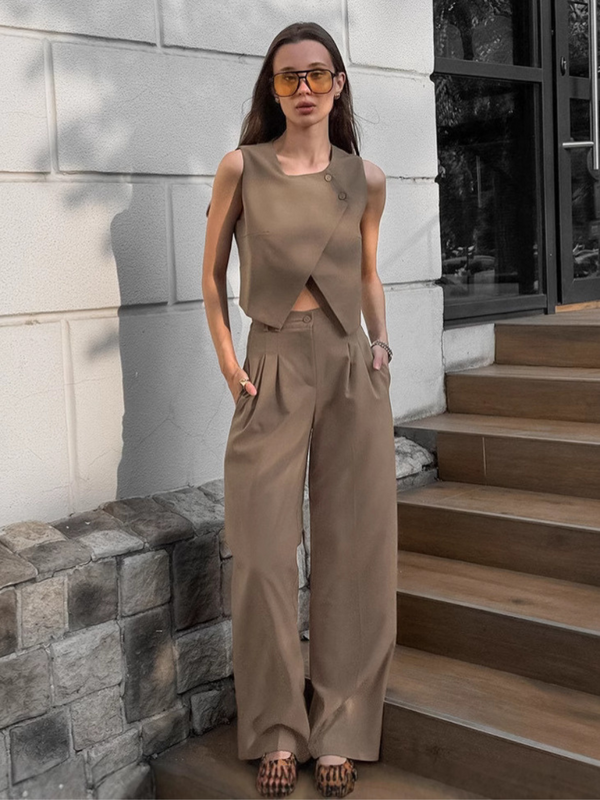 Plain Asymmetry Waistcoat Casual Pants Set