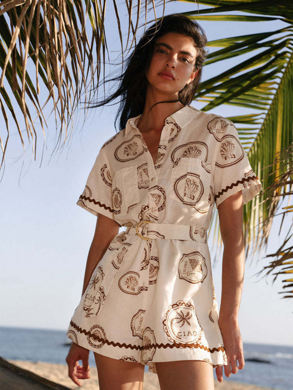 Linen Mixed Short Sleeve Conch Print Jumpsuit