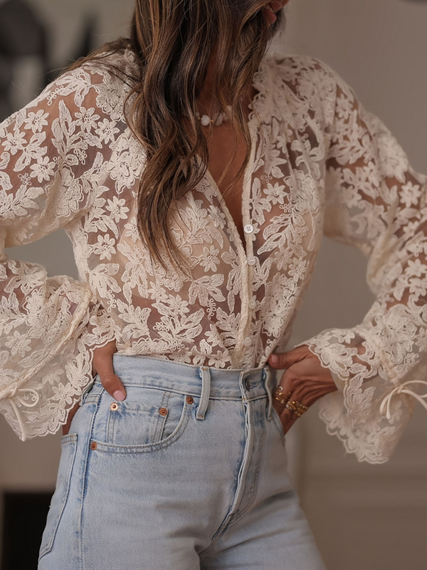 Lace Hollow Out Long Trumpet Sleeve Shirt