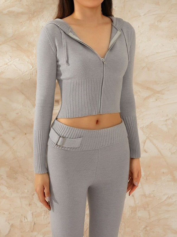 Zippered Cropped Top With Fold Waist Pants Set