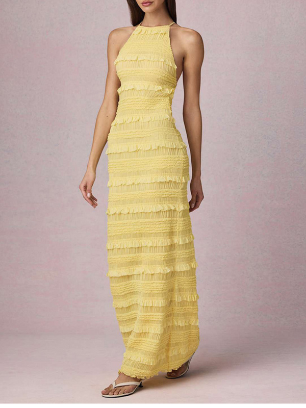 Tove Ruffled Backless Halterneck Long Dress
