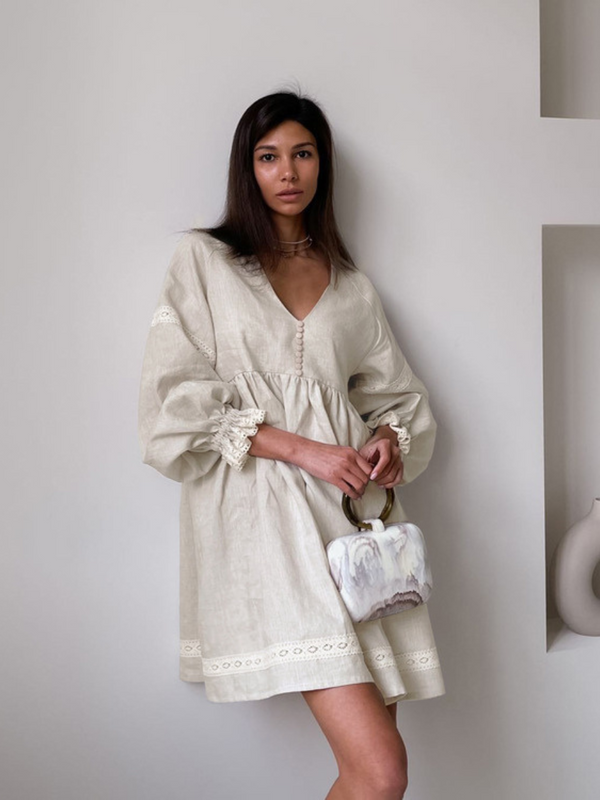 Cotton and Linen Puff Lace Cuff Short Dress