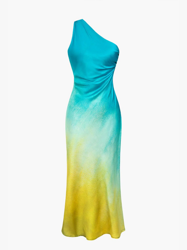 Ombre Print Satin Asymmetrical Maxi Dress