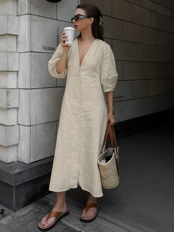 Cotton Button-Front Knotted Long Dress