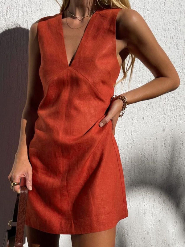 Cotton V-Neck Short Dress