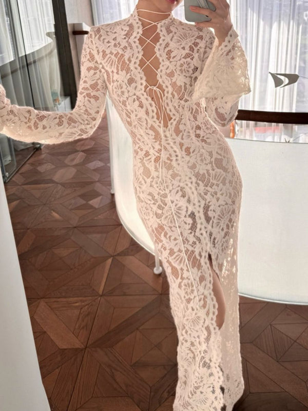 Lace Elegant Trumpet Sleeve Long Dress